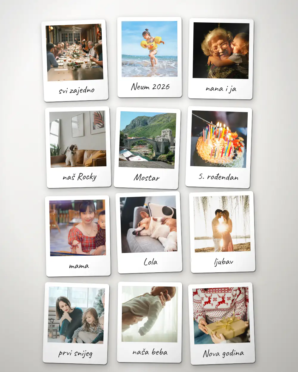 Prikaz: 12 polaroid magneta 6×7,5 cm s natpisima na frižideru (ilustracija)